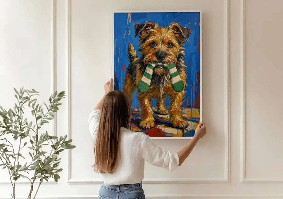 Funny Dog Wall Art of a Terrier Sock Thief canvas wall art being hung on a paneled wall