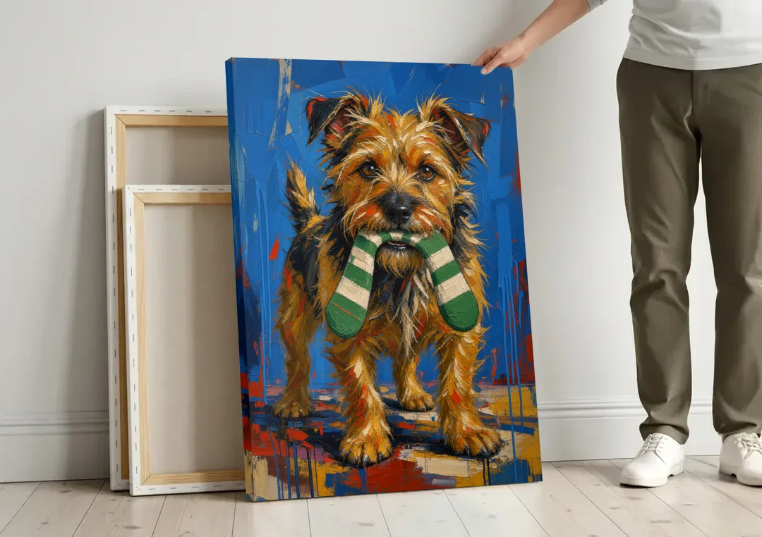 Funny Dog Wall Art of a Terrier Sock Thief canvas wall art leaning against a wall next to blank canvases