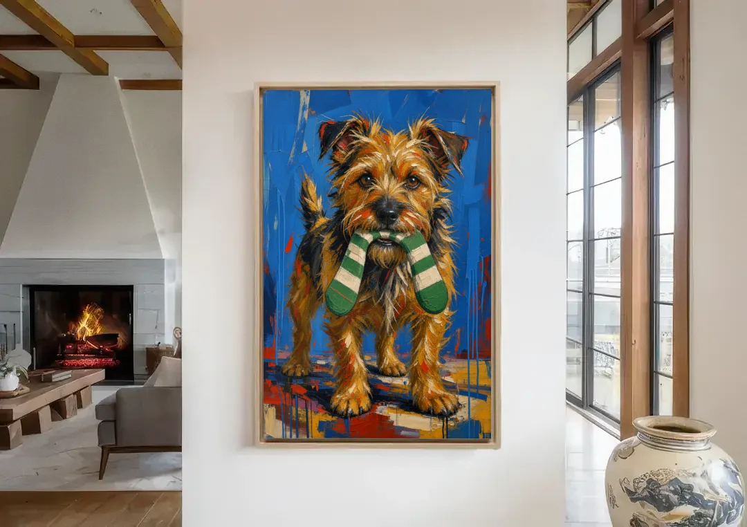 Funny Dog Wall Art of a Terrier Sock Thief canvas wall art in a living room with a fireplace