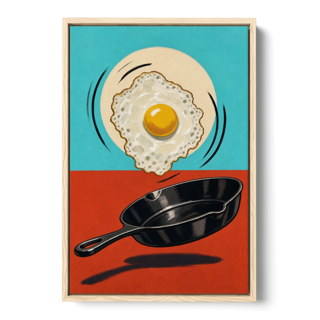 Funny Kitchen Wall Art with a Flipping Fried Egg - Oak Framed Canvas Wall Art - Front