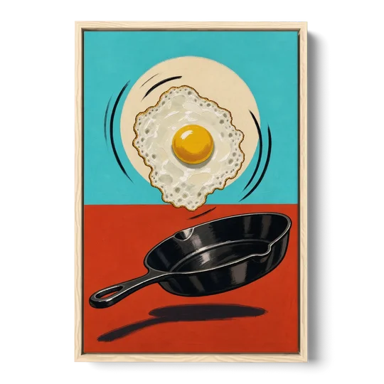 Funny Kitchen Wall Art with a Flipping Fried Egg - Oak Framed Canvas Wall Art - Front