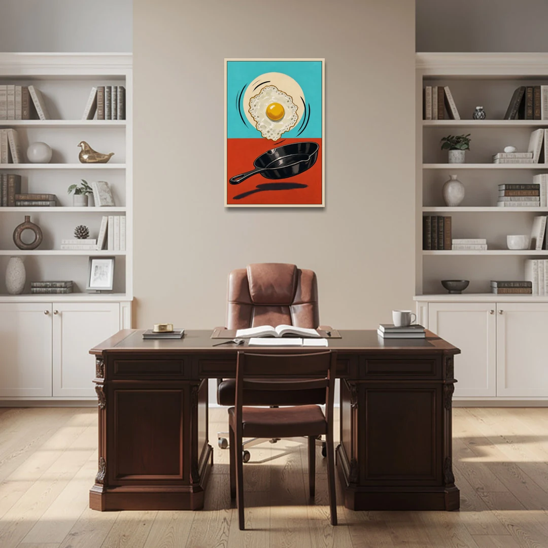 Funny Kitchen Wall Art with a Flipping Fried Egg - Oak Framed Canvas Wall Art - Office - 24x36