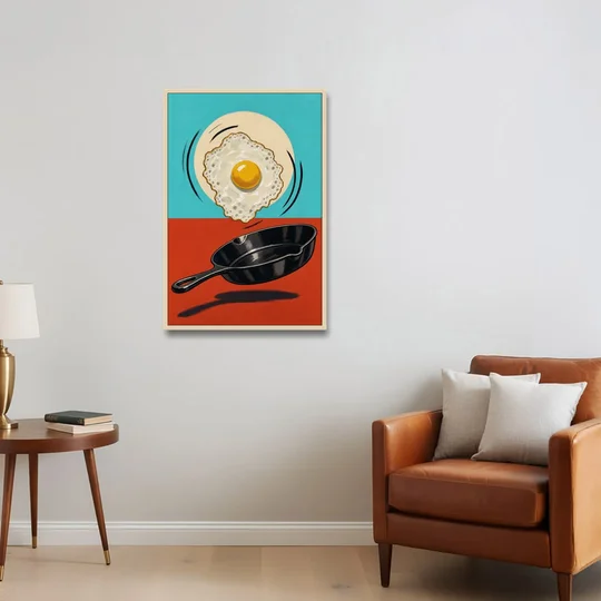 Funny Kitchen Wall Art with a Flipping Fried Egg - Oak Framed Canvas Wall Art - Sofa - 24x36