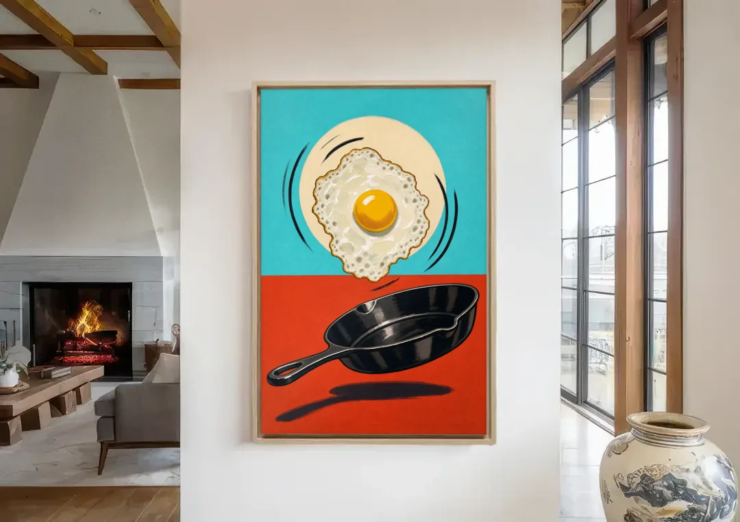 Funny Kitchen Wall Art with a Flipping Fried Egg canvas wall art in a living room with a fireplace