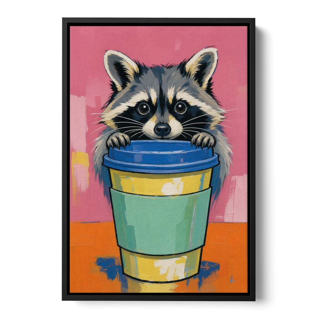 Funny Office Raccoon in the Coffee Cup - Black Framed Canvas Wall Art - Front