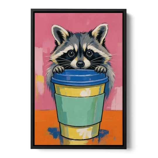 Funny Office Raccoon in the Coffee Cup - Black Framed Canvas Wall Art - Front