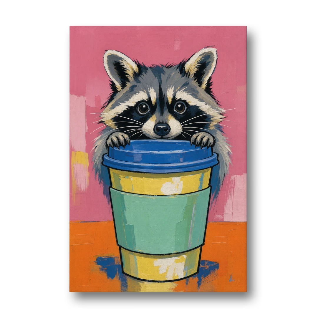 Funny Office Raccoon in the Coffee Cup - Canvas Wall Art - Front