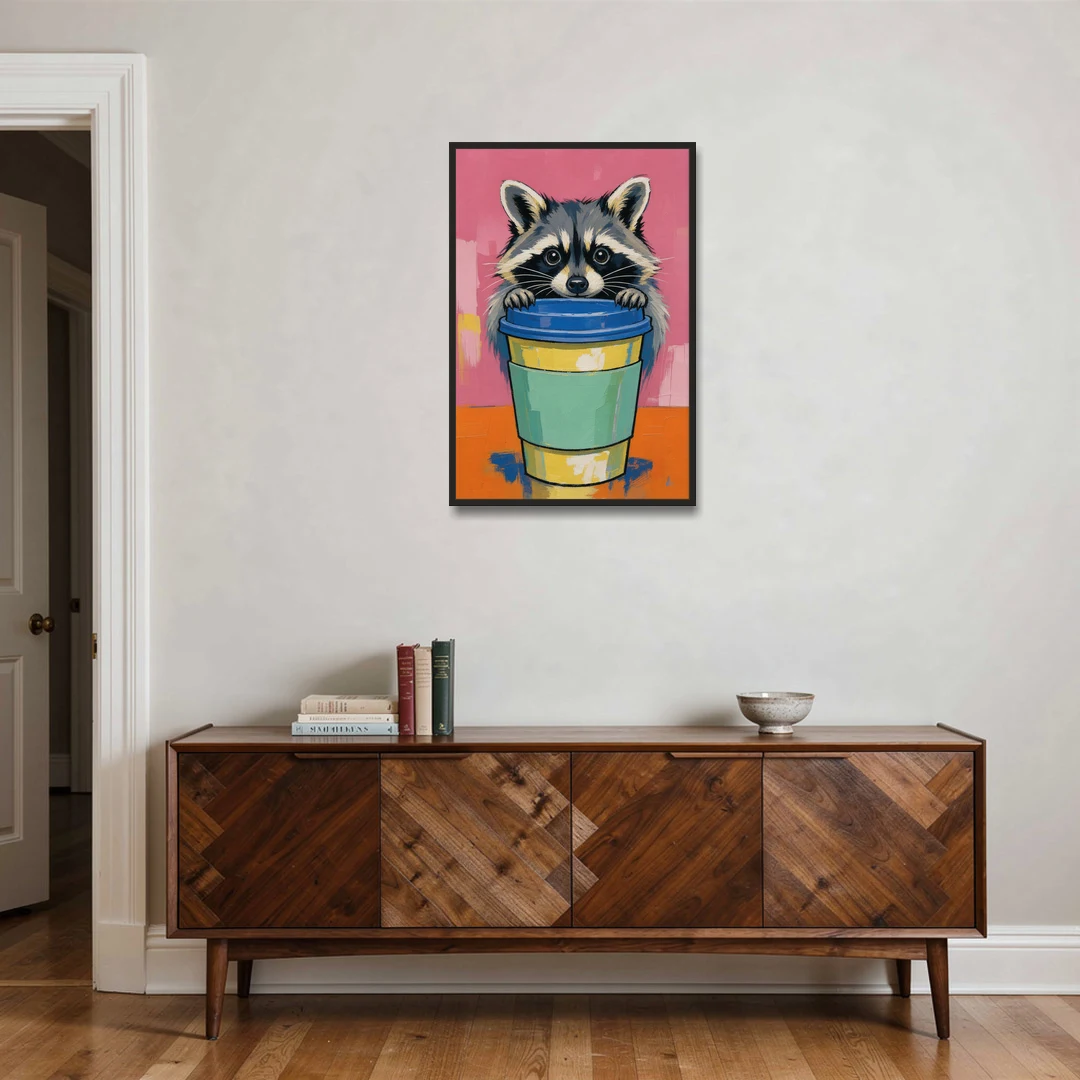 Funny Office Raccoon in the Coffee Cup - Black Framed Canvas Wall Art - Coffee Table - 24x36