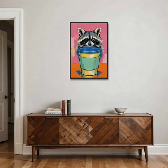 Funny Office Raccoon in the Coffee Cup - Black Framed Canvas Wall Art - Coffee Table - 24x36