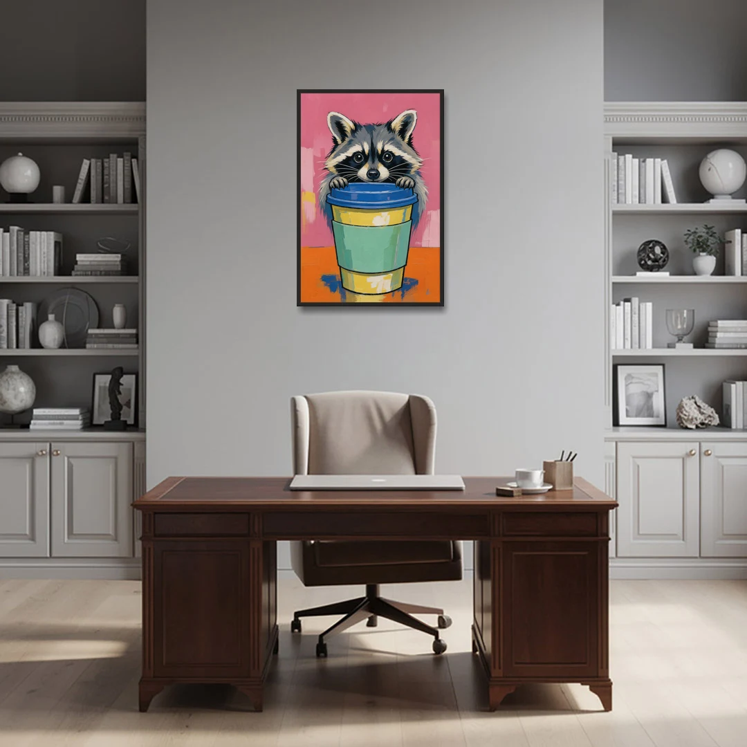 Funny Office Raccoon in the Coffee Cup - Black Framed Canvas Wall Art - Office - 24x36