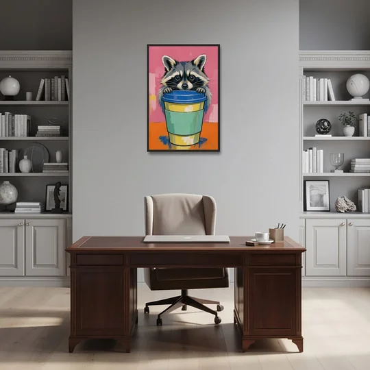 Funny Office Raccoon in the Coffee Cup - Black Framed Canvas Wall Art - Office - 24x36