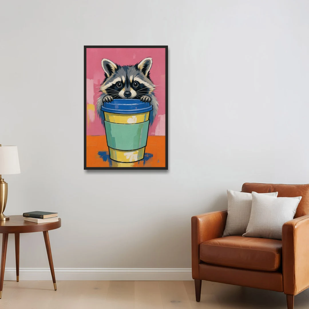 Funny Office Raccoon in the Coffee Cup - Black Framed Canvas Wall Art - Sofa - 24x36