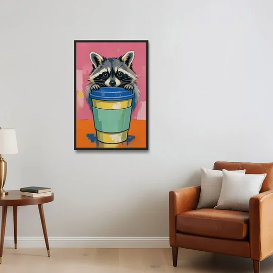 Funny Office Raccoon in the Coffee Cup - Black Framed Canvas Wall Art - Sofa - 24x36