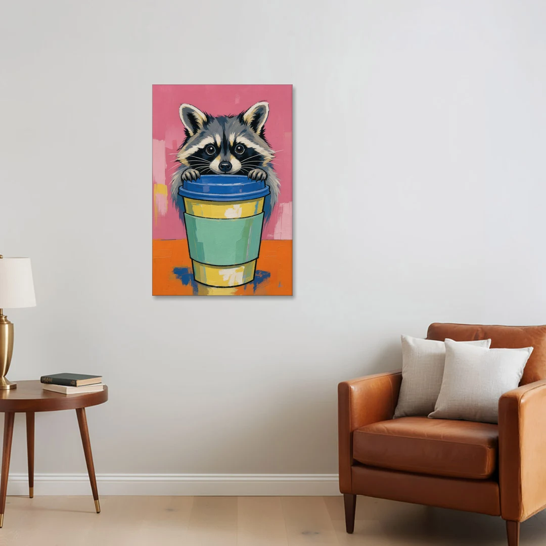 Funny Office Raccoon in the Coffee Cup - Canvas Wall Art - Sofa - 24x36