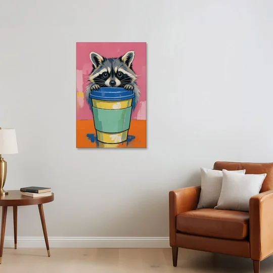 Funny Office Raccoon in the Coffee Cup - Canvas Wall Art - Sofa - 24x36