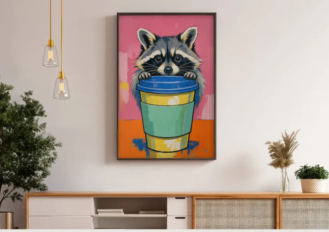 Funny Office Raccoon in the Coffee Cup canvas wall art above a wooden sideboard under pendant lights