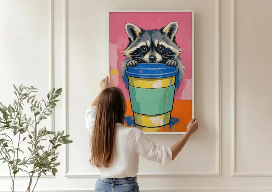 Funny Office Raccoon in the Coffee Cup canvas wall art being hung on a paneled wall