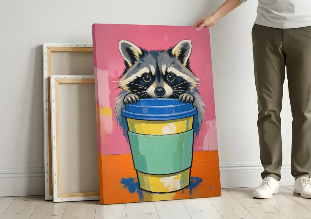 Funny Office Raccoon in the Coffee Cup canvas wall art leaning against a wall next to blank canvases