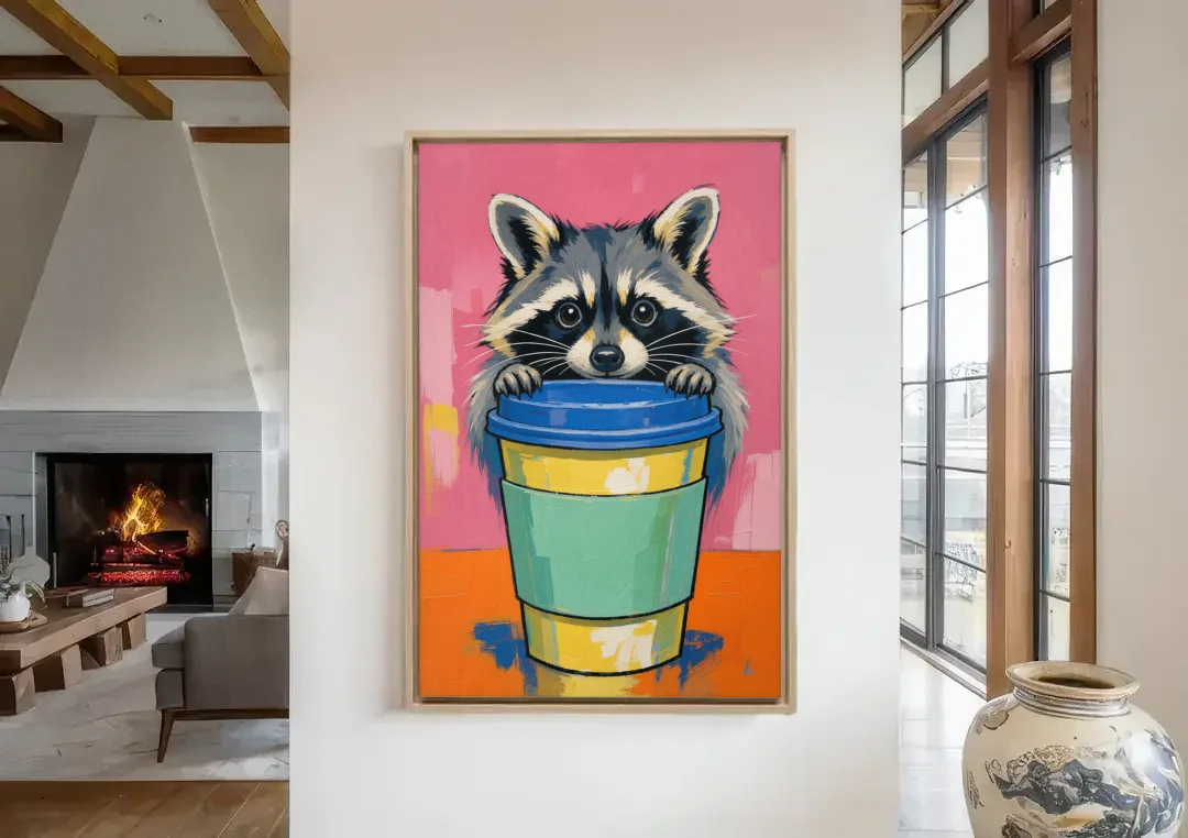 Funny Office Raccoon in the Coffee Cup canvas wall art in a living room with a fireplace