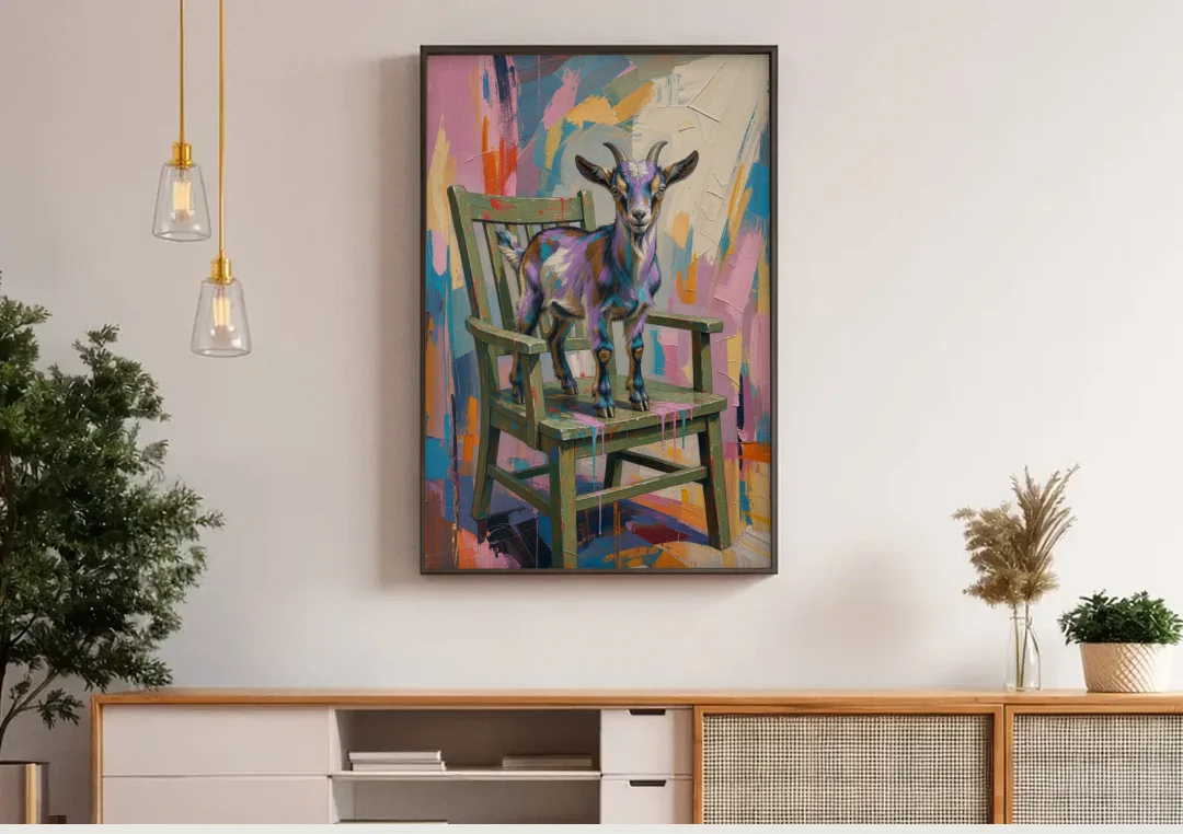 Funny Wall Art for the Living Room Goat Throne canvas wall art above a wooden sideboard under pendant lights