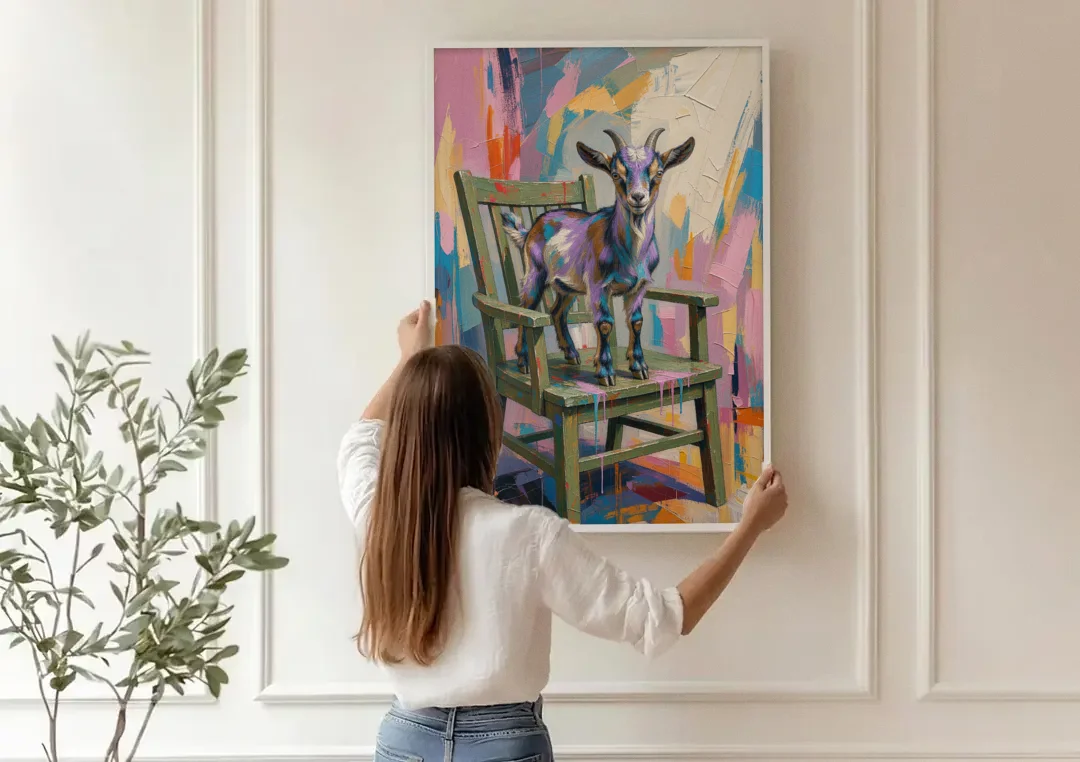 Funny Wall Art for the Living Room Goat Throne canvas wall art being hung on a paneled wall