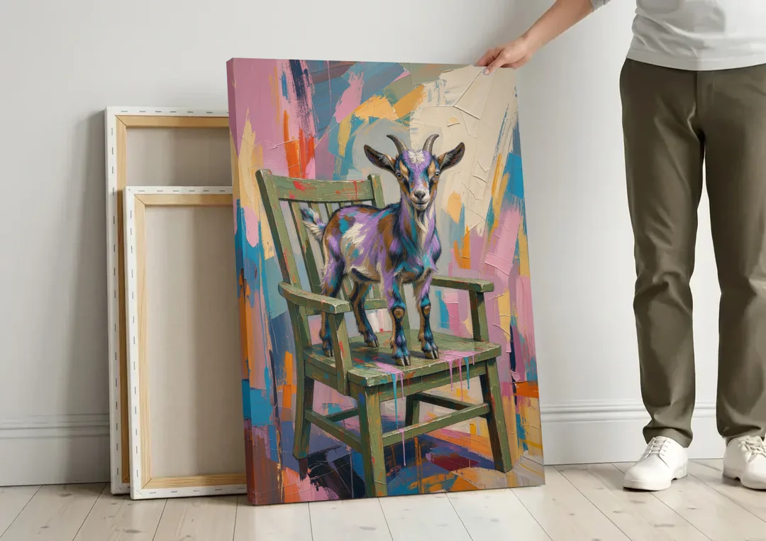 Funny Wall Art for the Living Room Goat Throne canvas wall art leaning against a wall next to blank canvases
