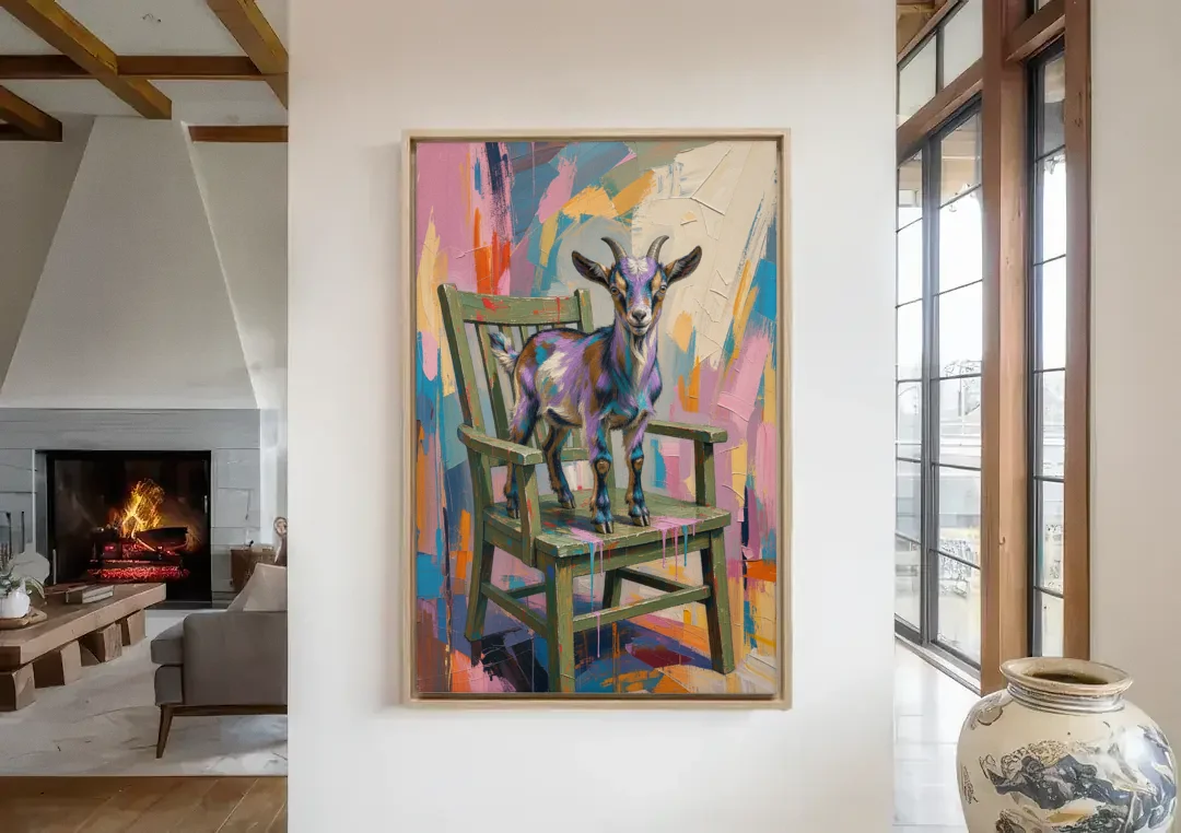 Funny Wall Art for the Living Room Goat Throne canvas wall art in a living room with a fireplace