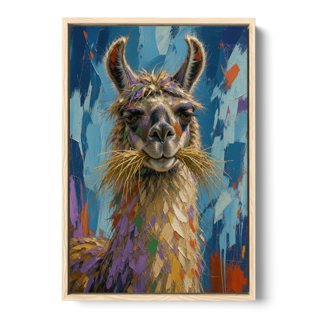Funny Wall Decor Llama With a Hay Moustache - Oak Framed Canvas Wall Art - Front