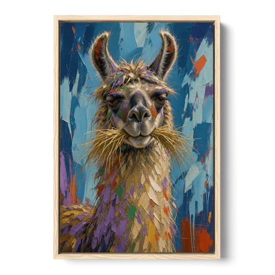 Funny Wall Decor Llama With a Hay Moustache - Oak Framed Canvas Wall Art - Front