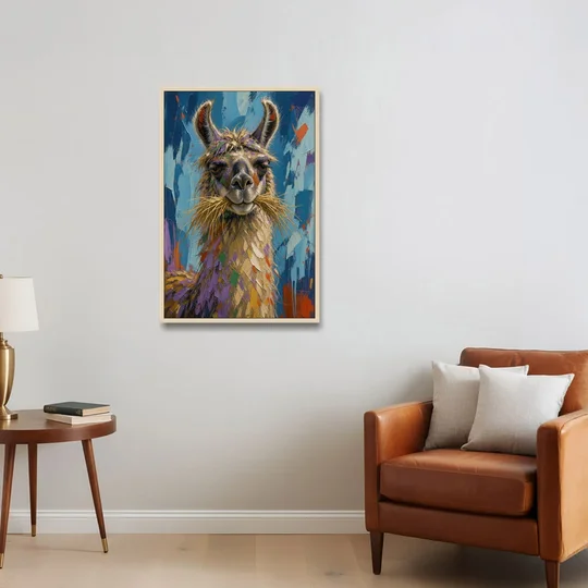 Funny Wall Decor Llama With a Hay Moustache - Oak Framed Canvas Wall Art - Sofa - 24x36