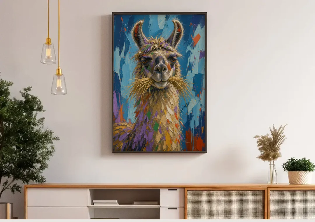 Funny Wall Decor Llama With a Hay Moustache canvas wall art above a wooden sideboard under pendant lights