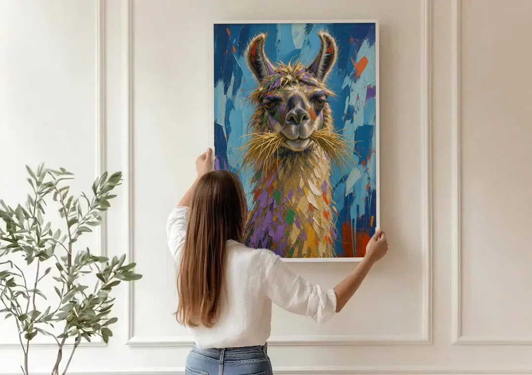 Funny Wall Decor Llama With a Hay Moustache canvas wall art being hung on a paneled wall