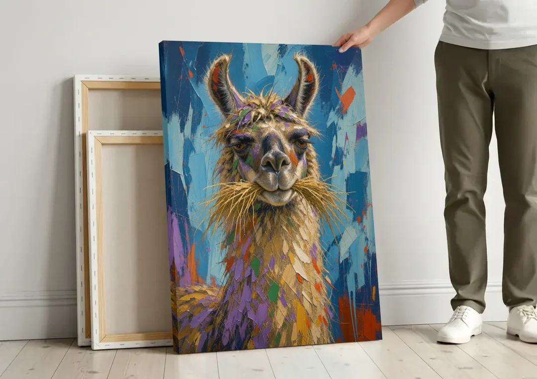 Funny Wall Decor Llama With a Hay Moustache canvas wall art leaning against a wall next to blank canvases