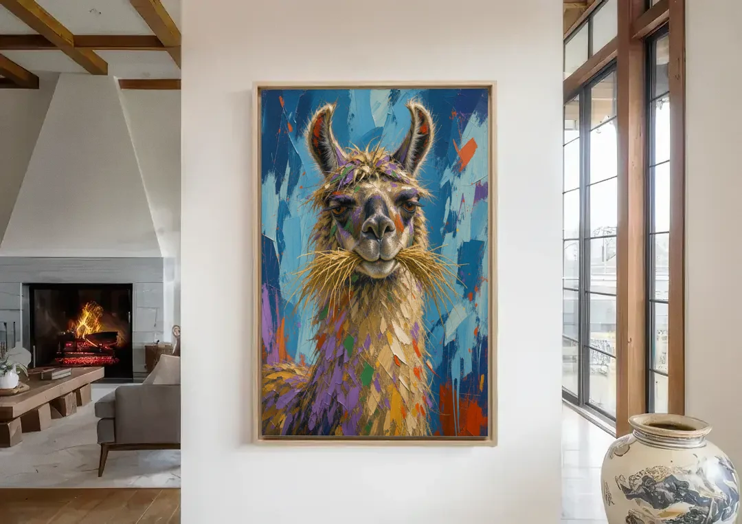 Funny Wall Decor Llama With a Hay Moustache canvas wall art in a living room with a fireplace