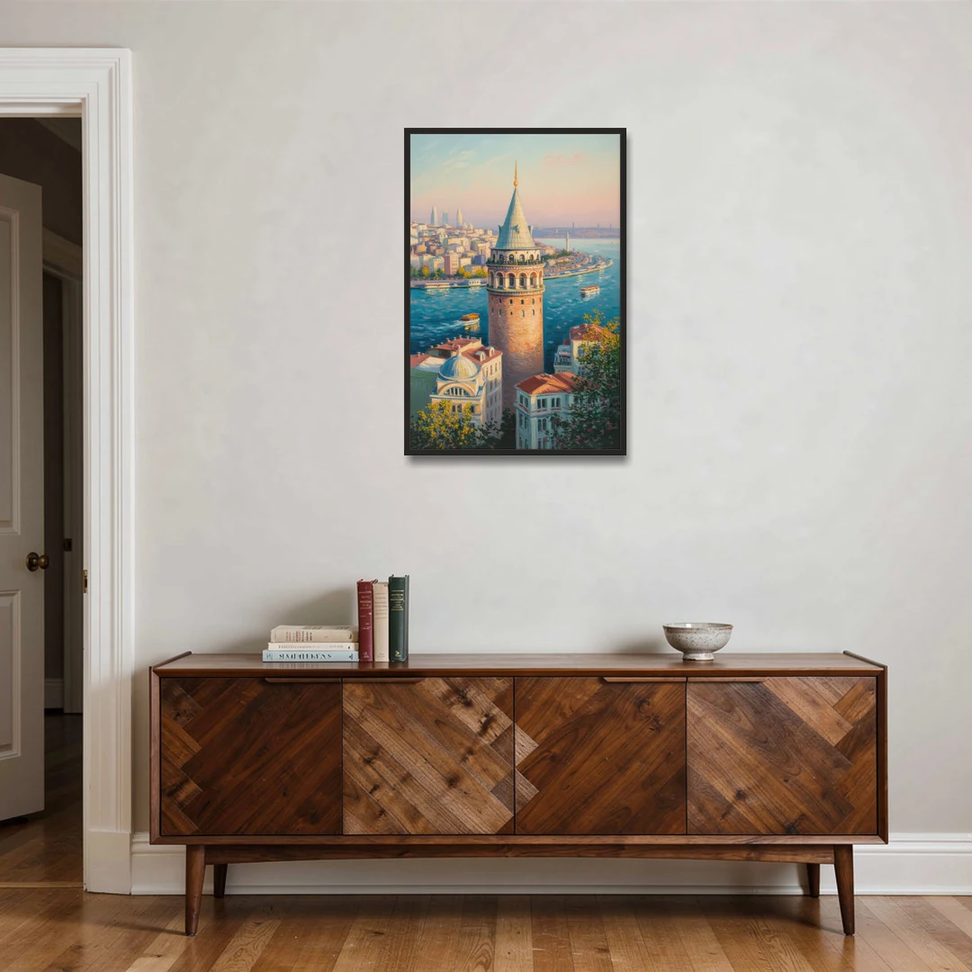 Galata Tower View - Black Framed Canvas Wall Art - Coffee Table - 24x36