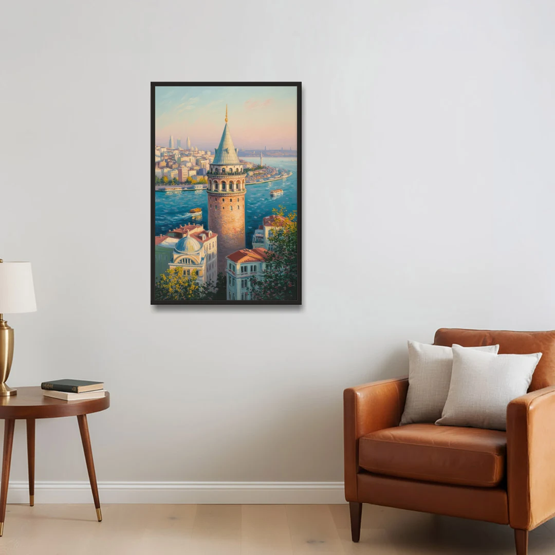 Galata Tower View - Black Framed Canvas Wall Art - Sofa - 24x36