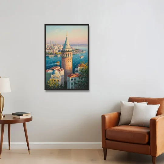 Galata Tower View - Black Framed Canvas Wall Art - Sofa - 24x36