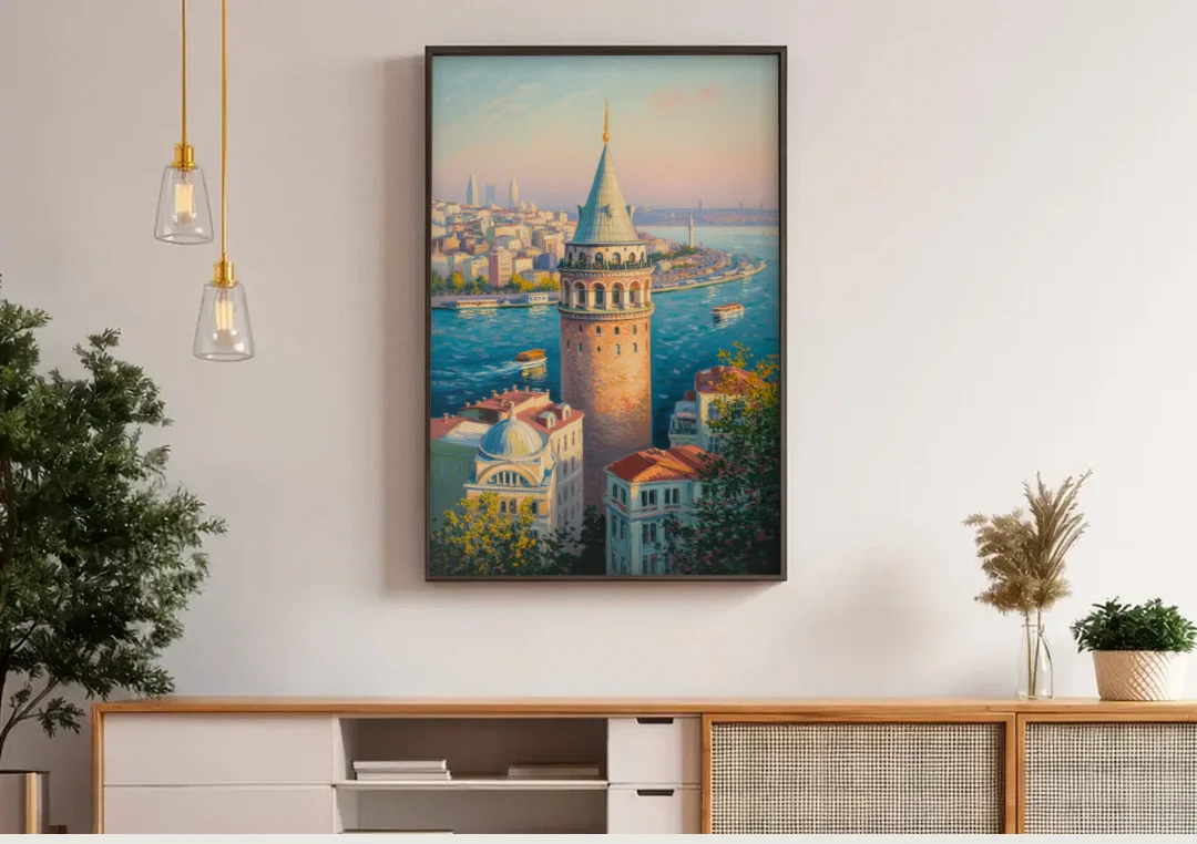 Galata Tower View canvas wall art above a wooden sideboard under pendant lights