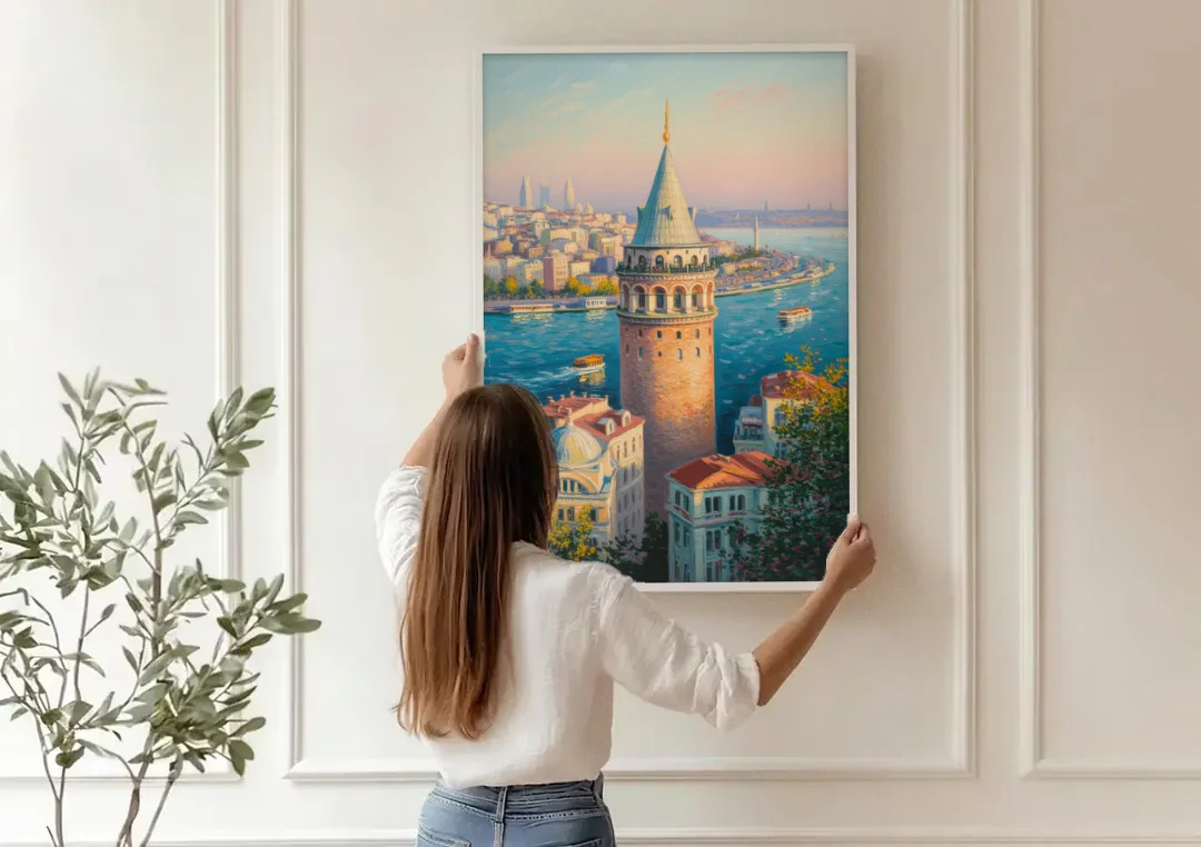 Galata Tower View canvas wall art being hung on a paneled wall