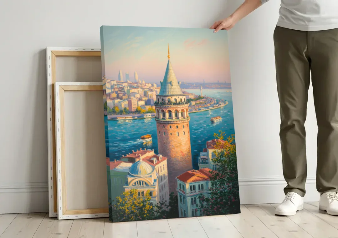 Galata Tower View canvas wall art leaning against a wall next to blank canvases