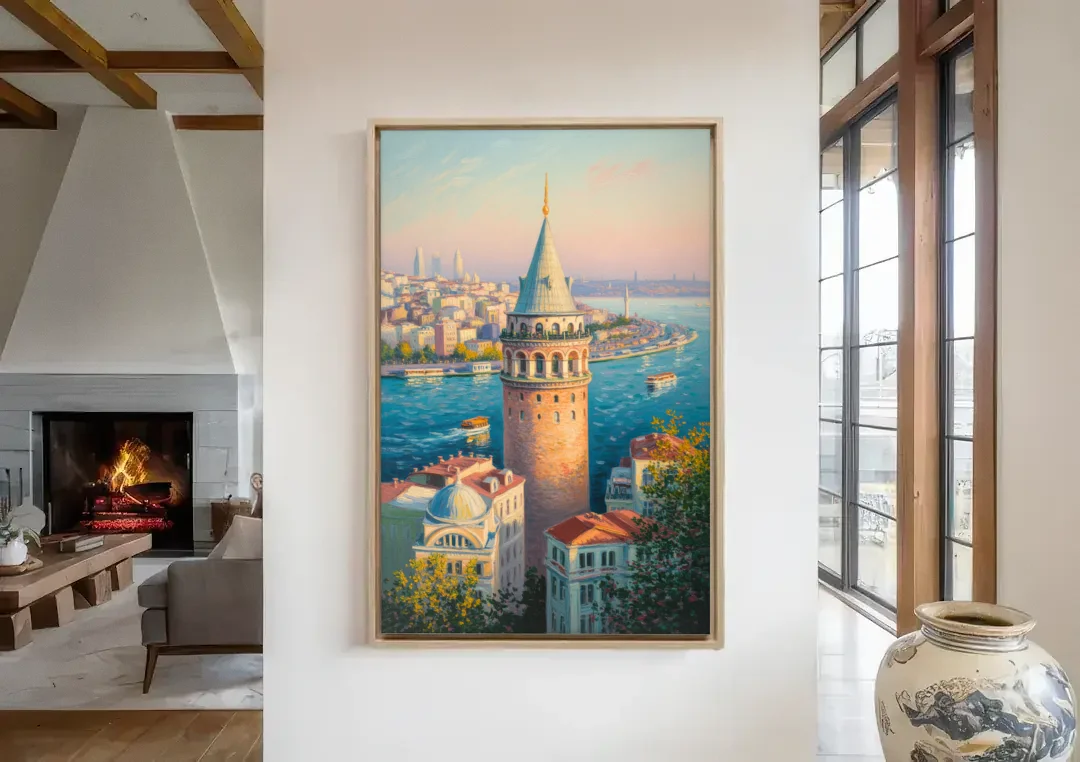 Galata Tower View canvas wall art in a living room with a fireplace