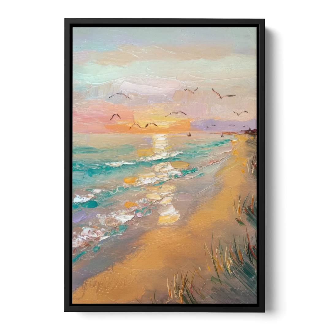 Galveston Beach Sunrise - Black Framed Canvas Wall Art - Front