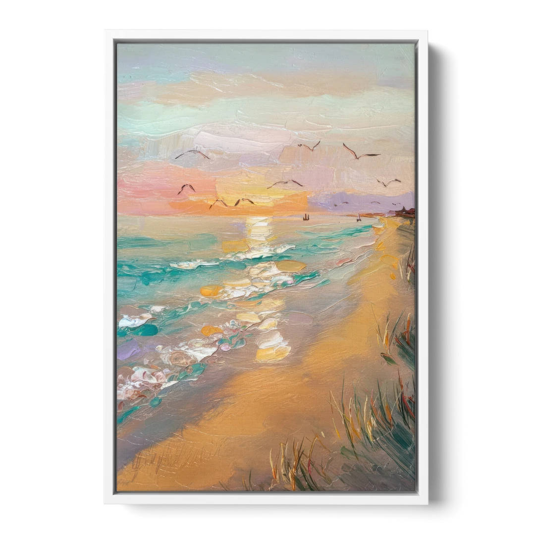 Galveston Beach Sunrise - White Framed Canvas Wall Art - Front