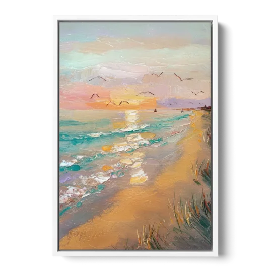 Galveston Beach Sunrise - White Framed Canvas Wall Art - Front