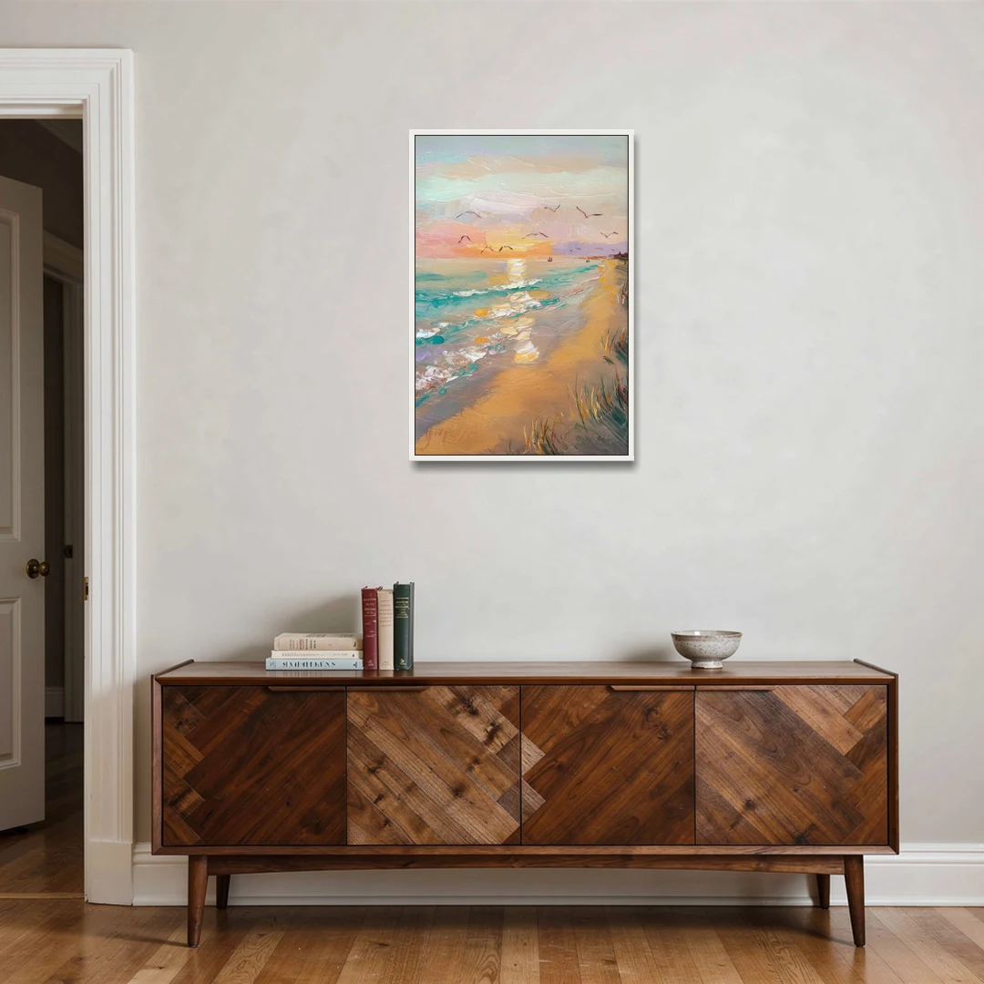 Galveston Beach Sunrise - White Framed Canvas Wall Art - Coffee Table - 24x36
