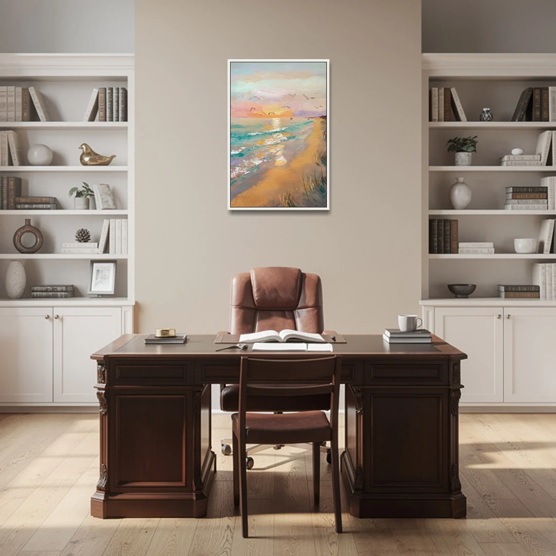 Galveston Beach Sunrise - White Framed Canvas Wall Art - Office - 24x36