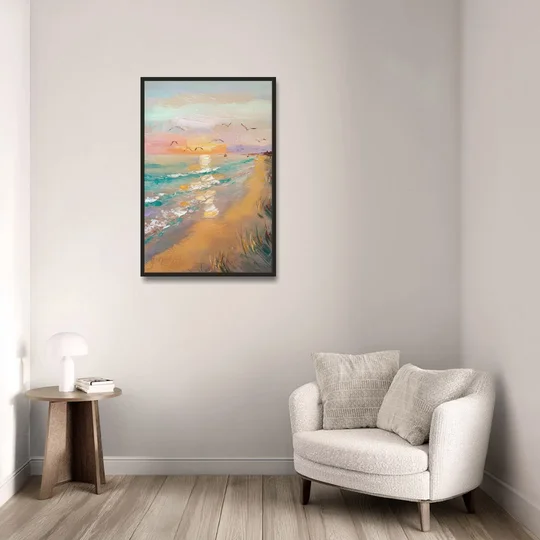 Galveston Beach Sunrise - Black Framed Canvas Wall Art - Sofa - 24x36