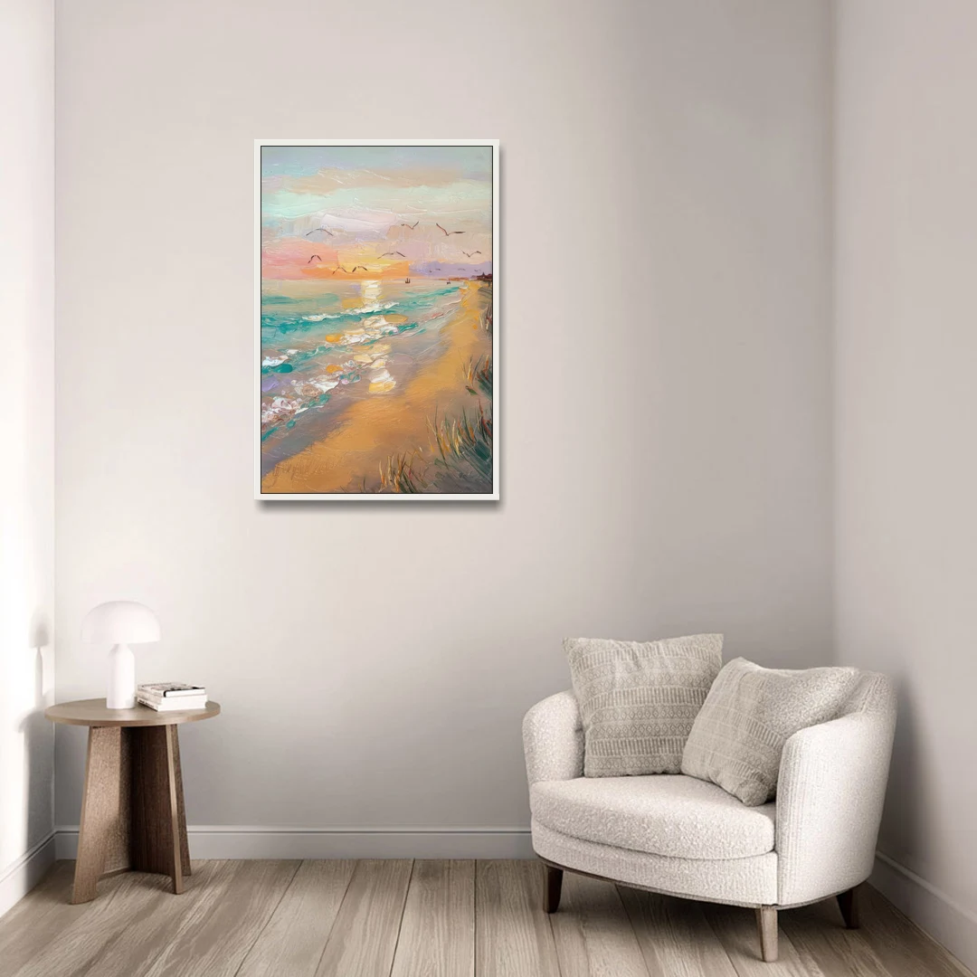 Galveston Beach Sunrise - White Framed Canvas Wall Art - Sofa - 24x36