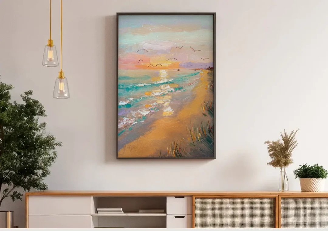 Galveston Beach Sunrise canvas wall art above a wooden sideboard under pendant lights