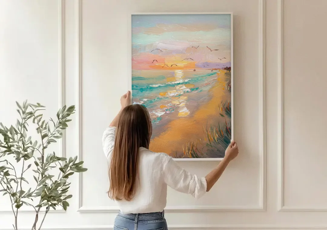 Galveston Beach Sunrise canvas wall art being hung on a paneled wall